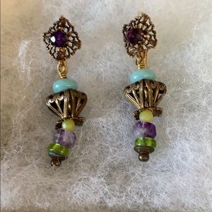 Gold filigree antique jewell tone hanging earrings